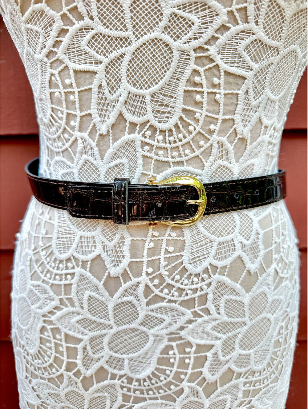 Classic Faux Croc Embossed Black Belt with Gold Buckle
